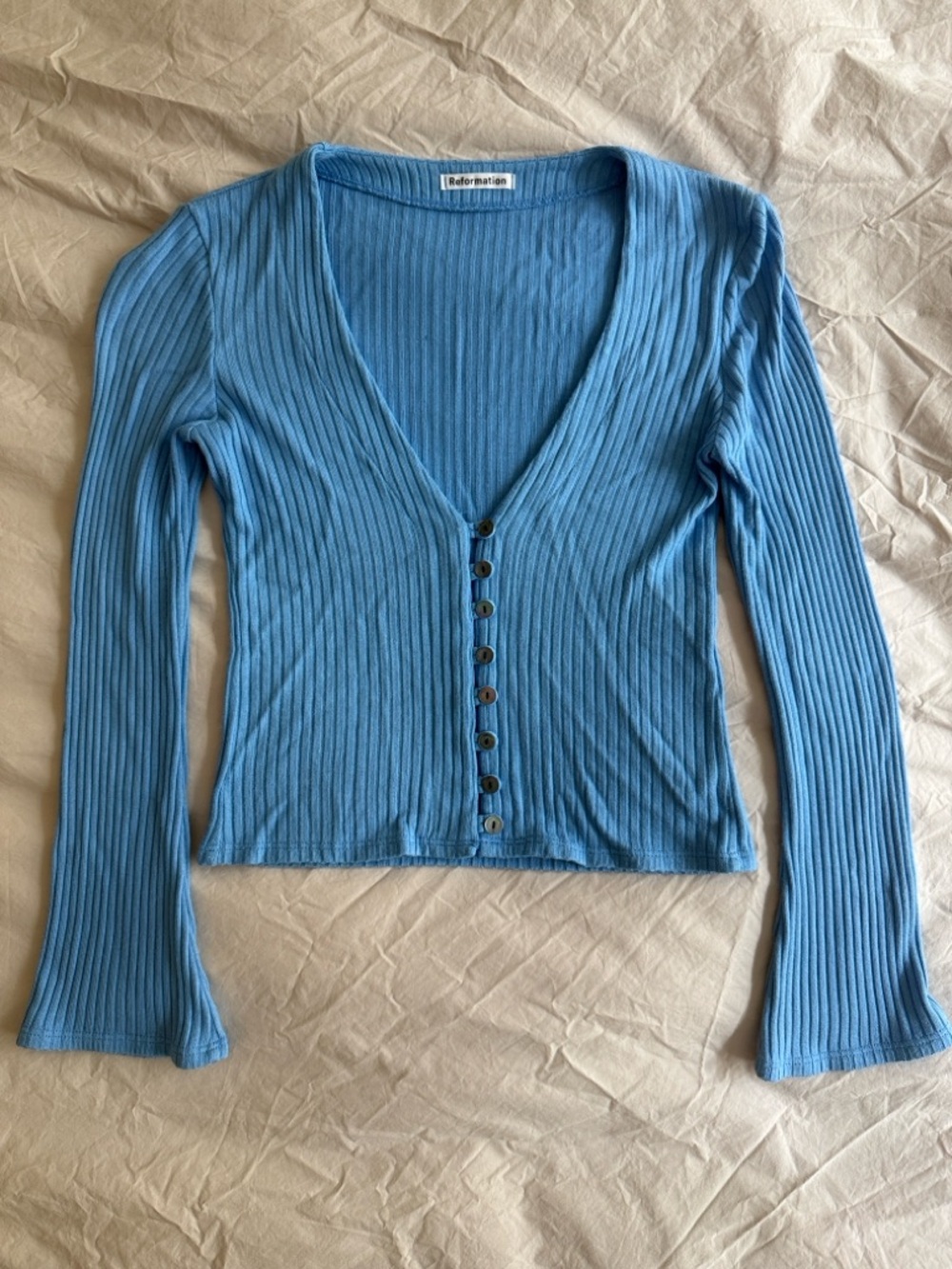 Reformation Cornflower Blue Ribbed V-Neck Top